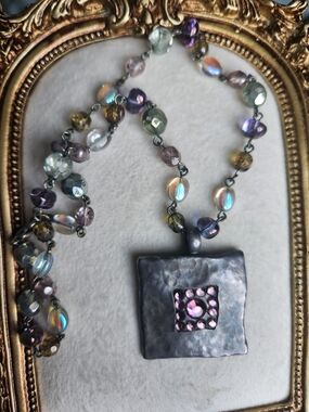 Artisan Iridescent Purple Beaded Necklace with Hammered Square Pendant Statement